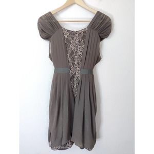 A'reve Tan Chiffon & Lace Puff Sleeve Pleated Fit and Flare Dress Size M